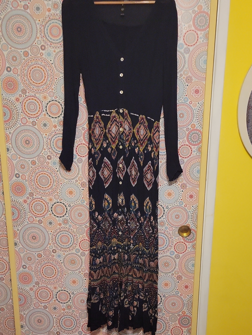 Aqua Dark Blue Maxi Dress with Multicolor Geometric Skirt